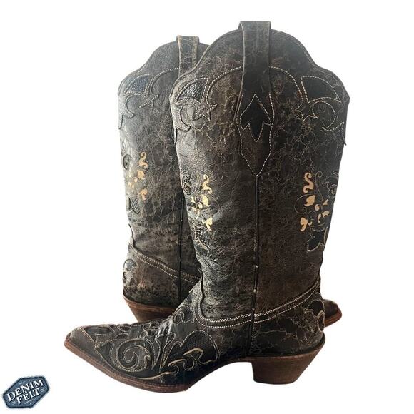 CORRAL Vintage Black Leather w/ Lizard Inlay Snip Toe Western/Cowboy Boots - Picture 3 of 16